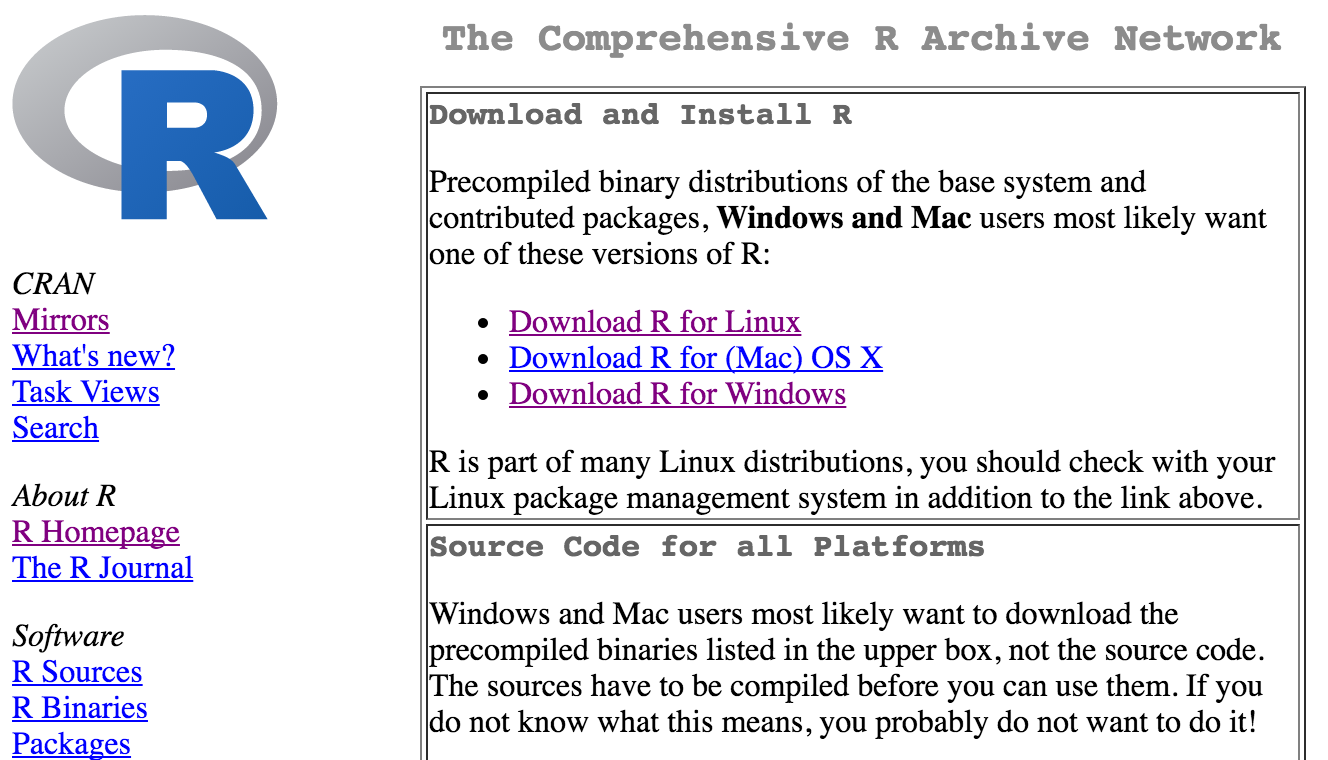 Strona https://cran.r-project.org/ z której można pobrać program R skompilowany dla najpopularniejszych systemów operacyjnych.