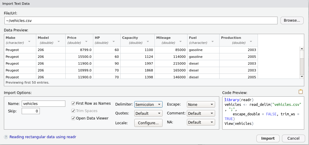 An example of the RStudio program window for importing data using a graphical interface.