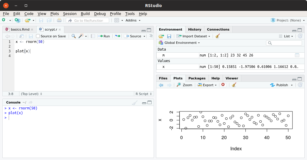 An example of the appearance of panels of the RStudio editor. The four panels show: window allowing to edit the code, window allowing to view variables loaded into the global R namespace, R program console, in which we can enter commands directly, and a window in which help files and charts are displayed by default.