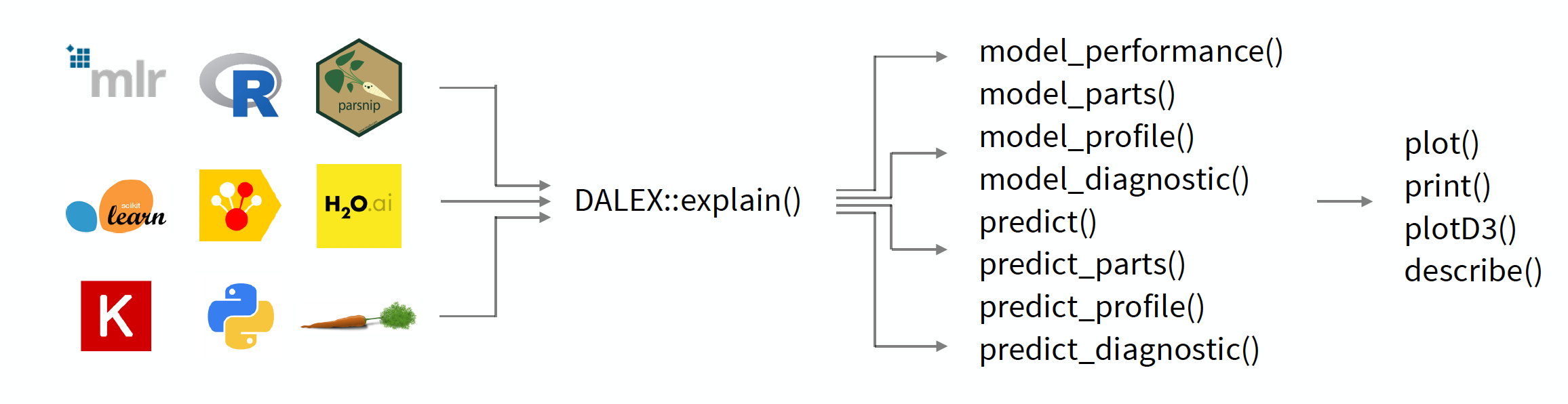 The DALEX package creates a layer of abstraction around the models, allowing you to work with different models in a uniform way. The key function is the explain function, which wraps any model into a uniform interface. Then other functions from DALEX package can be used on the resulting object to explore the model.