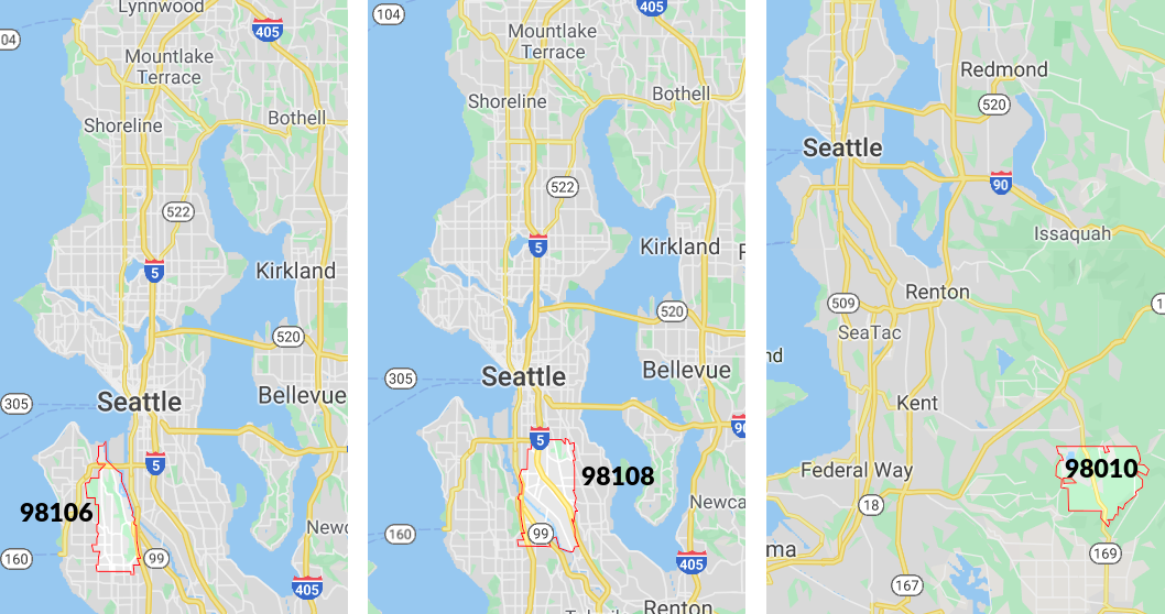 On the map of Seattle, the zip codes for which PDP was drawn in Figure 2.12 are marked. As we can see, the first two areas are close to the city center, while the last area is far from the center.